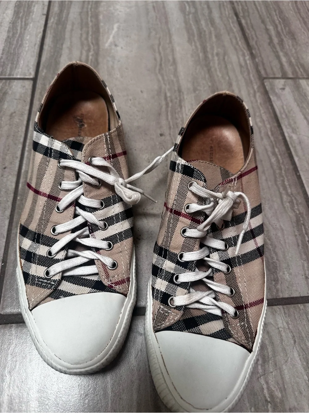 Burberry Beige Plaid Low-Top Sneakers with White Accents